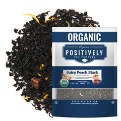 Positively Tea front packaging showing organic 16 ounce loose-leaf benefits