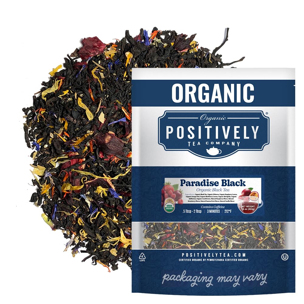 Organic Positively Tea Company front packaging showing 16 ounce bag and branding benefit freshness