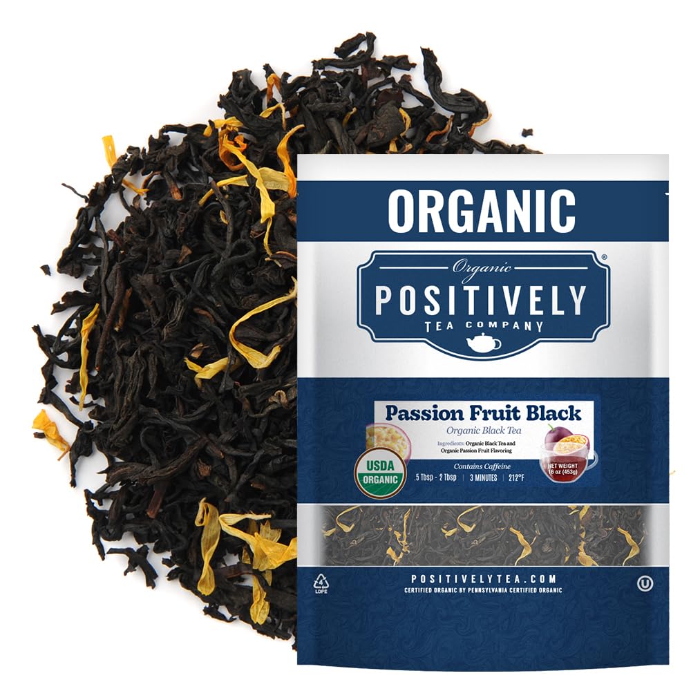 Organic Positively Tea front packaging showing 16 oz bag and brand logo, clear labeling benefit
