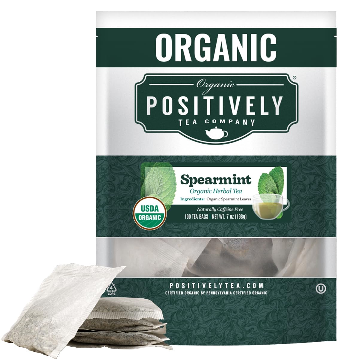 Organic Positively Tea front packaging showing 100-count value and organic badge