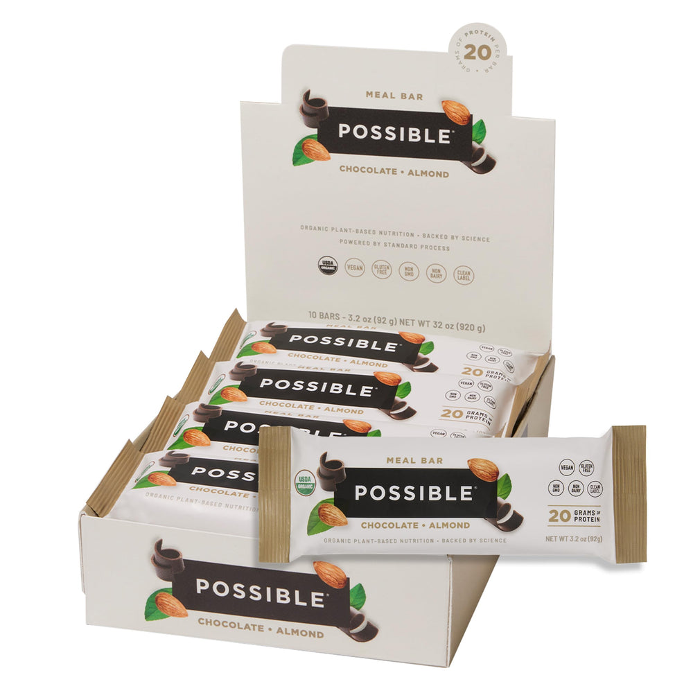 POSSIBLE front packaging showing chocolate almond bars and benefits