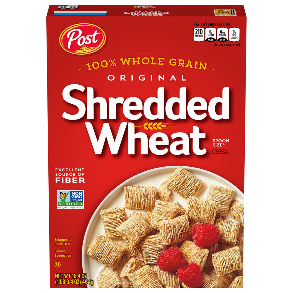 Post shredded wheat front packaging showing six-box bundle and whole grain benefit