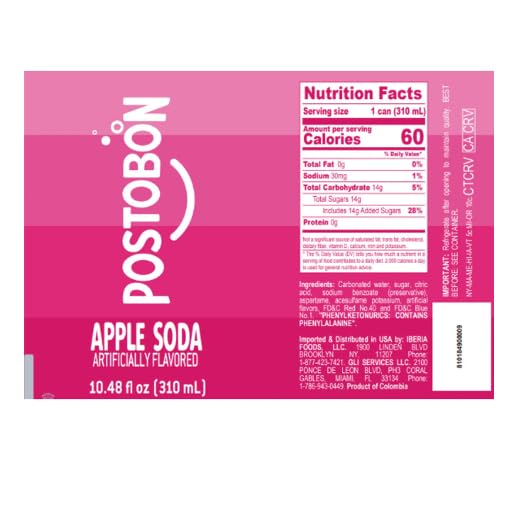 Close-up of Postobón Manzana can label and carbonation bubbles, highlights authentic Colombian flavor
