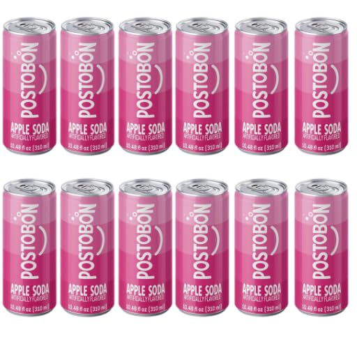 Postobón Manzana front-facing 12-can pack showing vibrant apple soda, great for sharing