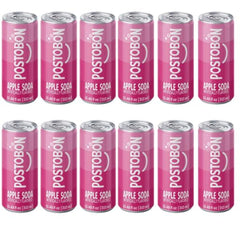 Postobón Manzana front-facing 12-can pack showing vibrant apple soda, great for sharing