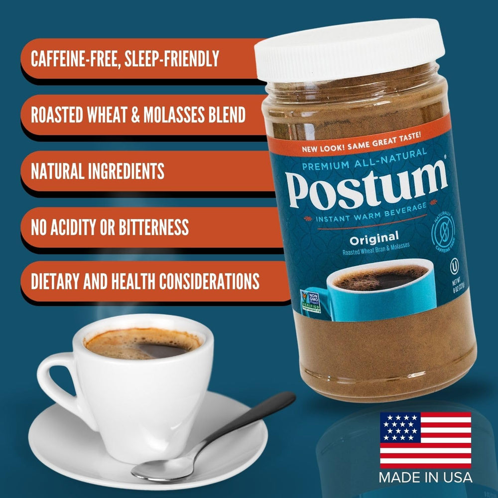 Spoonful of Postum powder next to cup for portion guidance and convenience