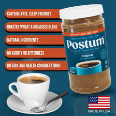 Spoonful of Postum powder next to cup for portion guidance and convenience