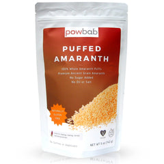 powbab front packaging shows 100% organic puffed amaranth, clear bag and label benefits