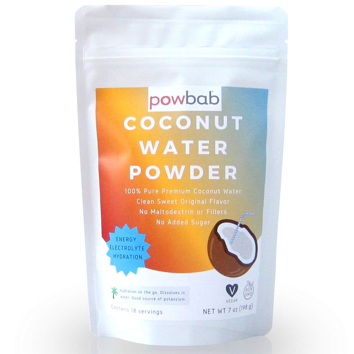 powbab front pouch showing organic coconut water powder and benefits