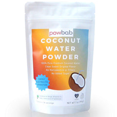 powbab front pouch showing organic coconut water powder and benefits
