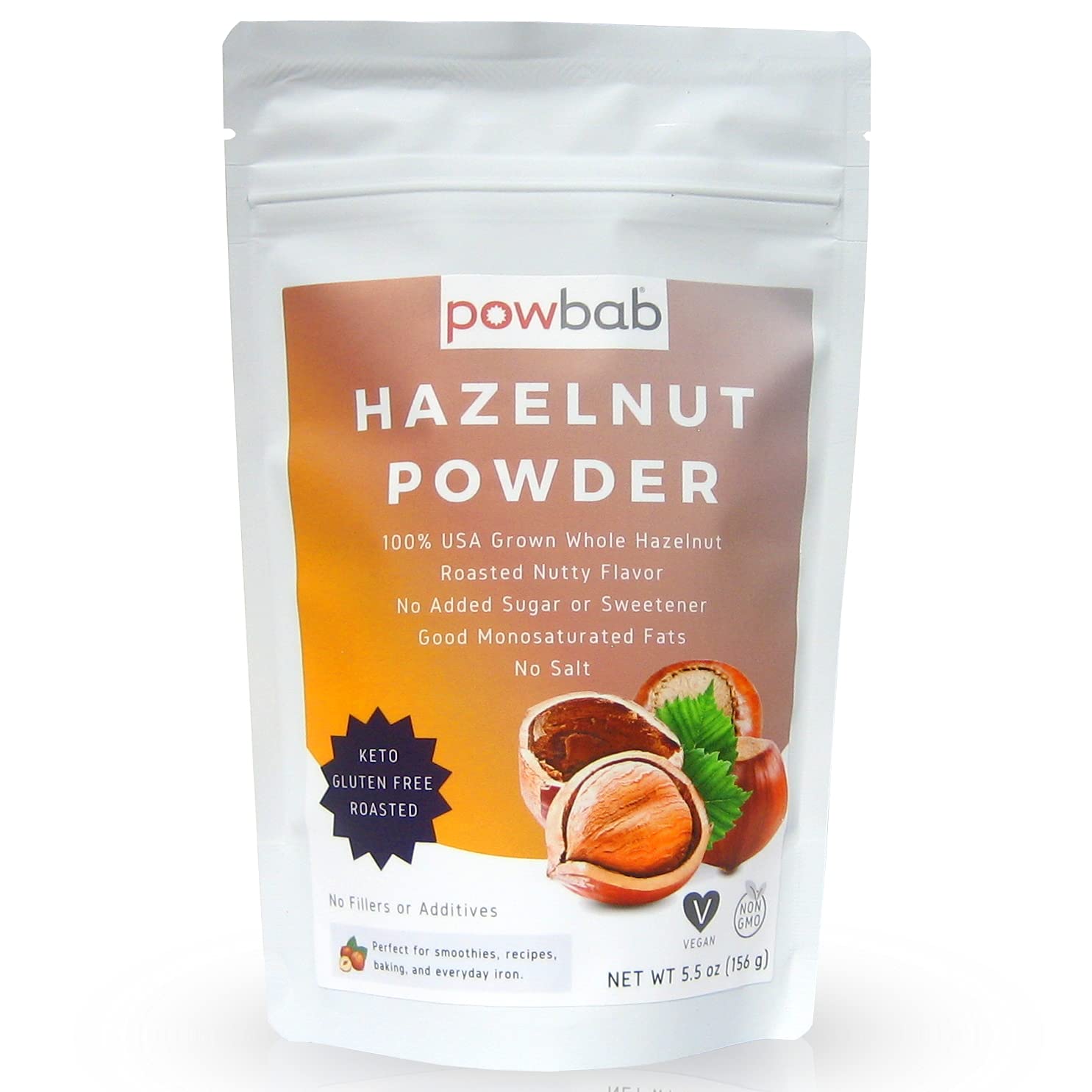 powbab front packaging showing roasted hazelnut flour and label benefits