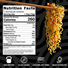 Power Noods cup top view with seasoning packet and noodles, easy instant prep
