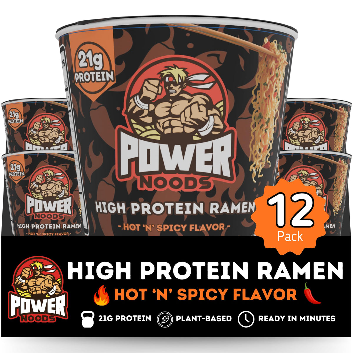 Power Noods front cup showing branding and quick convenience benefit