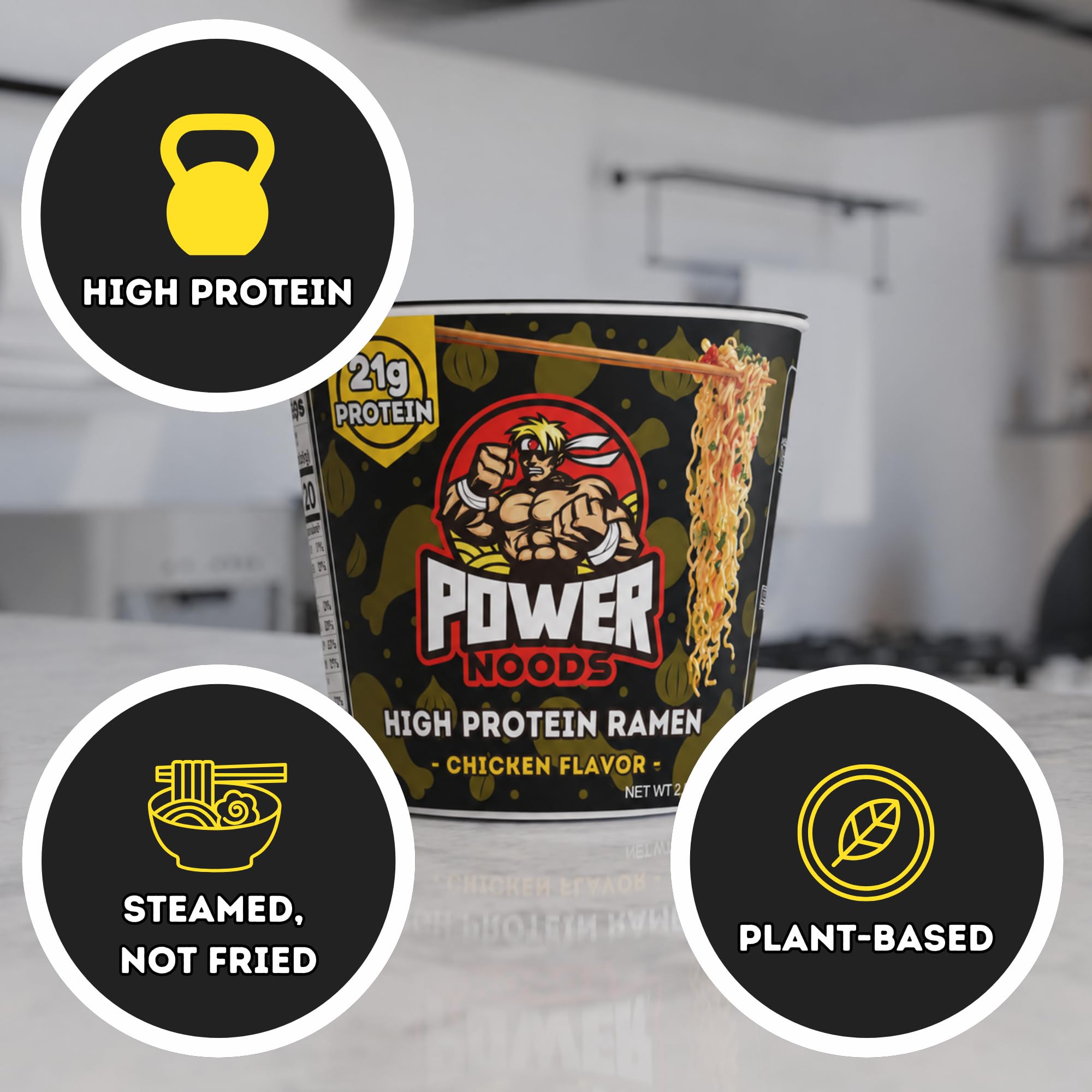 Close-up of Power Noods noodles texture showcasing hearty strands and bite