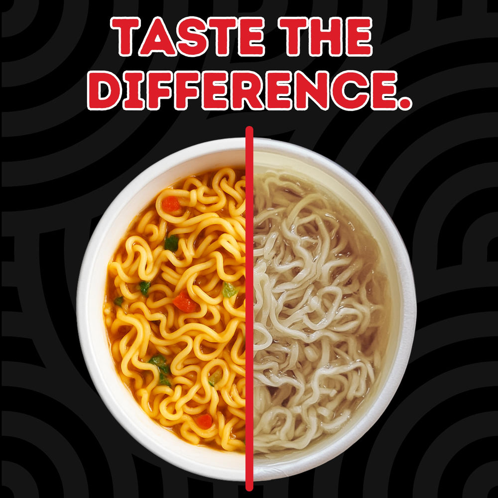 Power Noods nutrition label close-up showing 21g protein per cup benefit