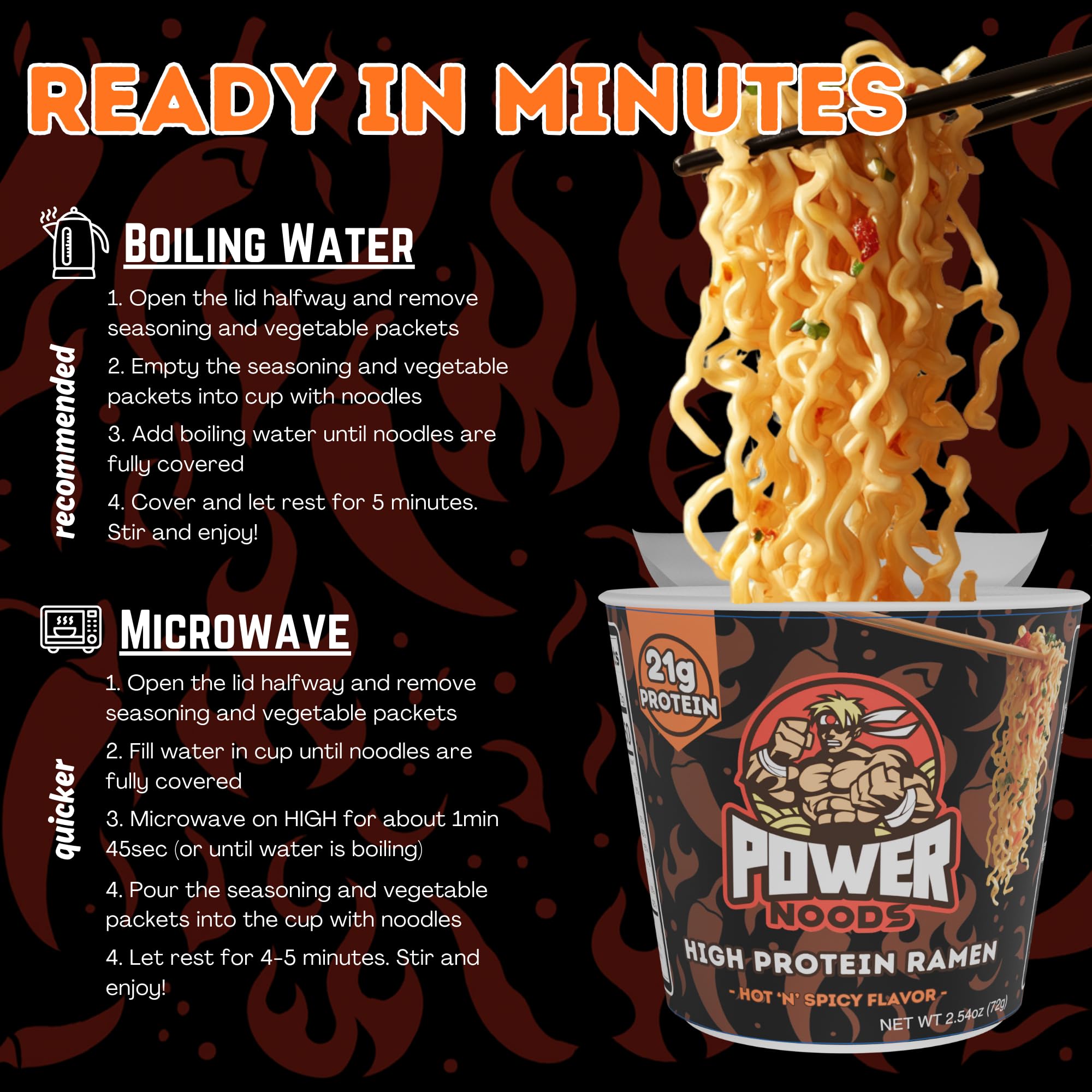 Power Noods 12-pack display illustrating pantry-ready value and stock-up benefit