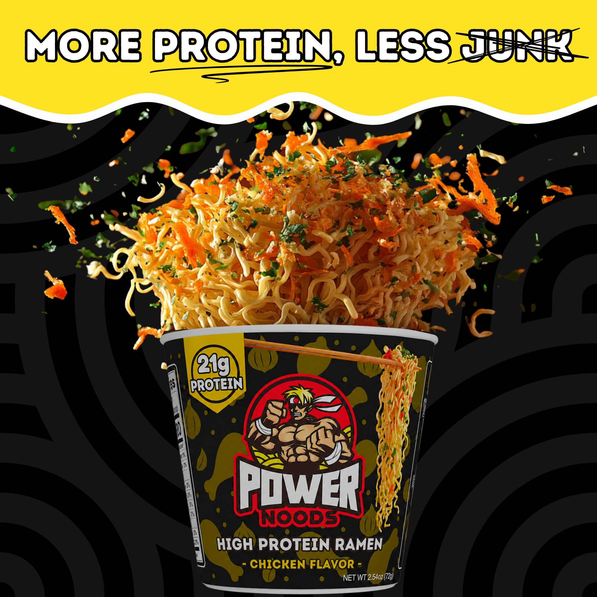 Twelve-pack box of Power Noods illustrating bulk convenience and value