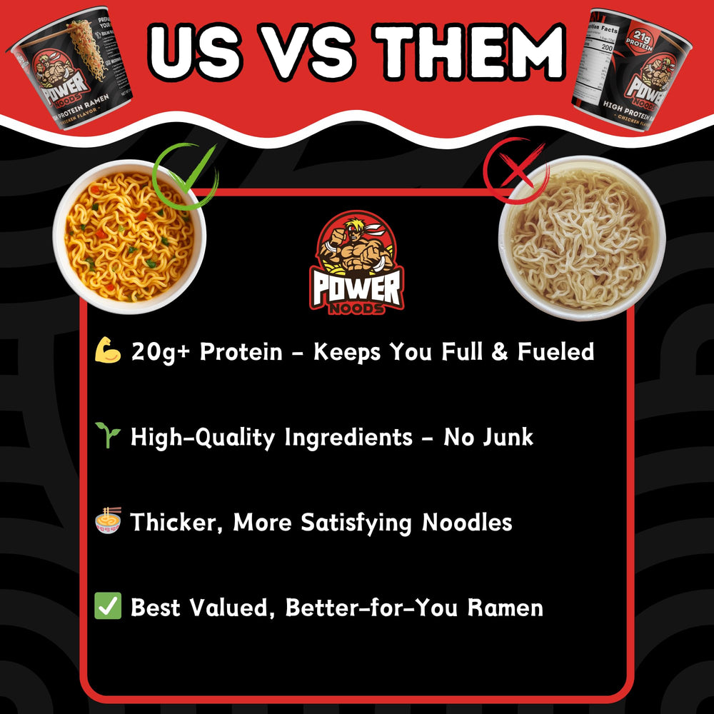Cup next to a measuring spoon showing Power Noods serving size and scale