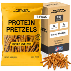 Power Pretzels front packaging showing honey mustard flavor and 23g protein benefit