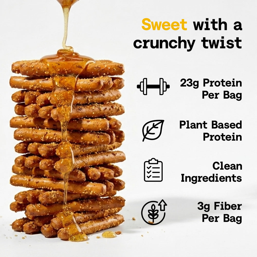 Power Pretzels close-up of crunchy texture and pea-protein structure benefit