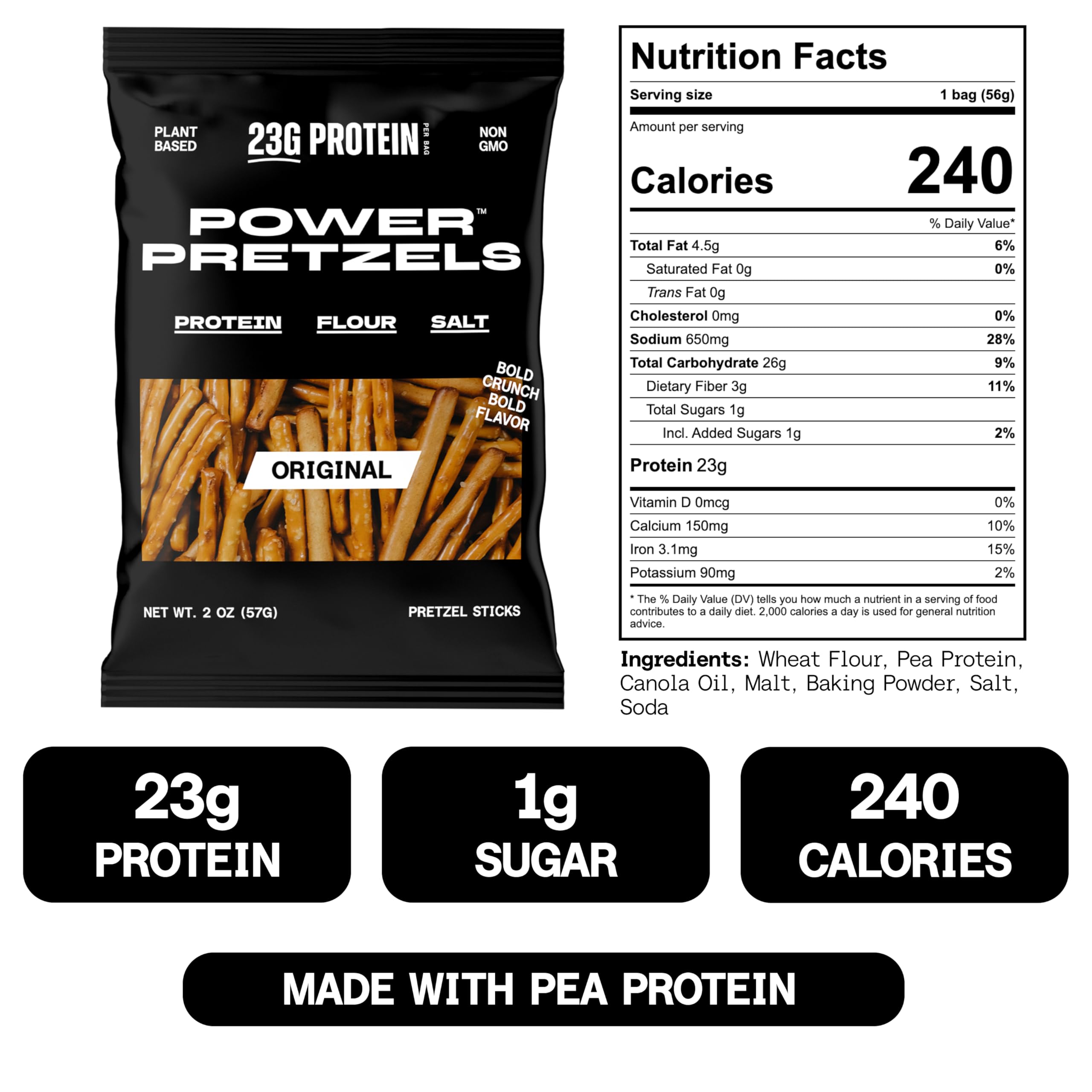 Power Pretzels open bag pouring pretzel sticks illustrating portable convenience