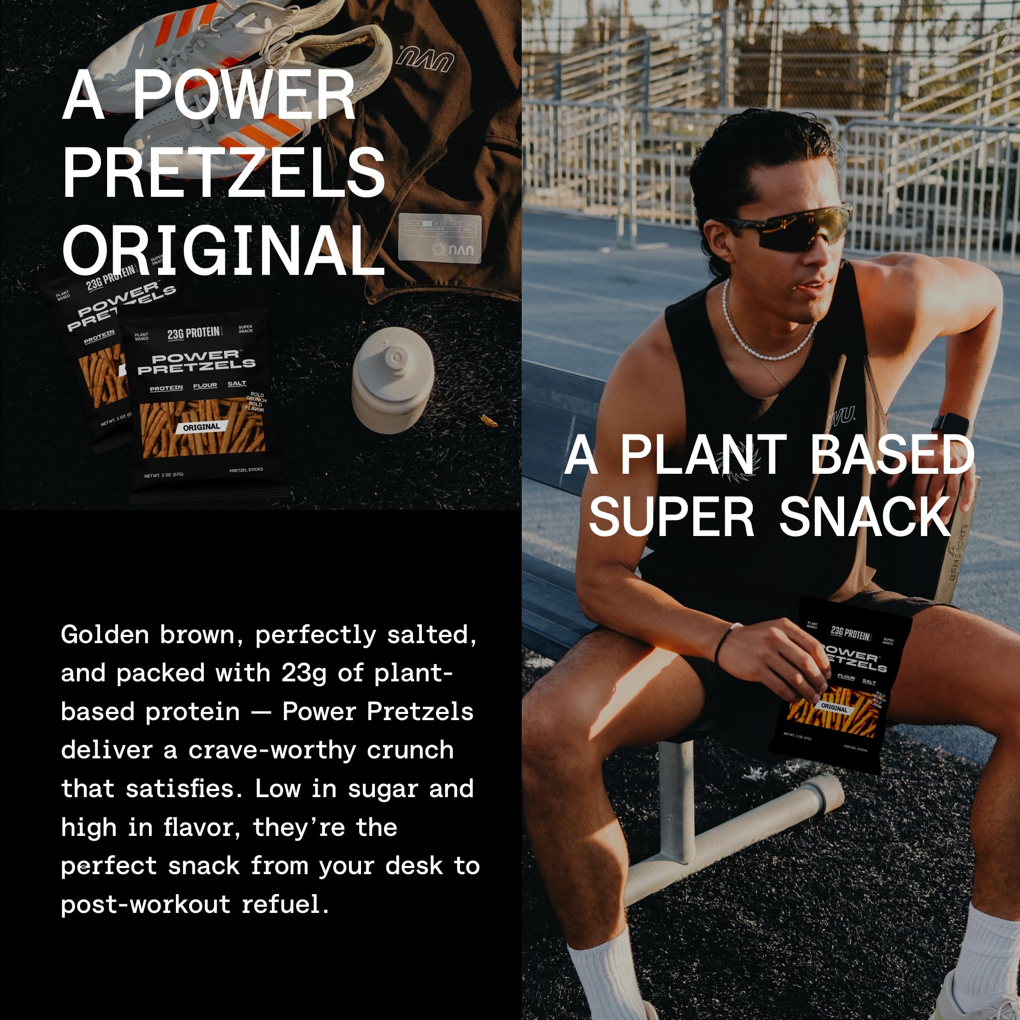 Power Pretzels next to a hand showing single-bag size and portion control
