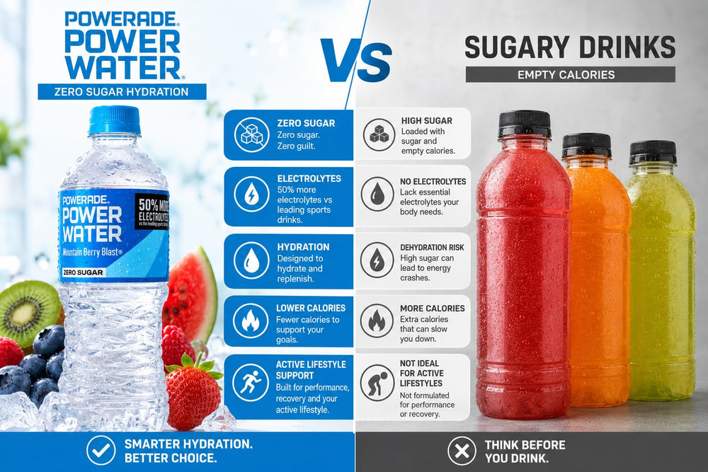 POWERADE fruit flavor ingredients arrangement suggesting natural taste benefit