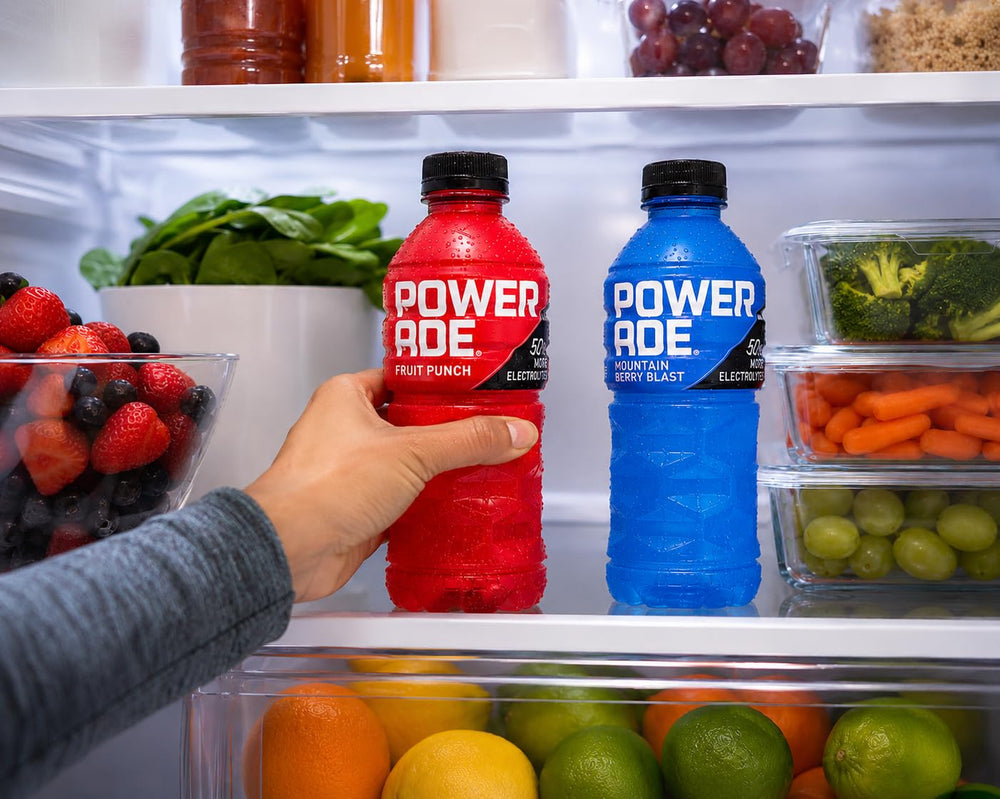 POWERADE Fruit Punch bottle close-up with vibrant color and ready-to-drink convenience