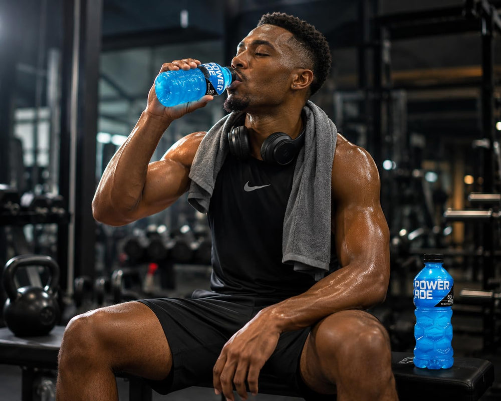 POWERADE bottles on a sports sideline showing team hydration during activity