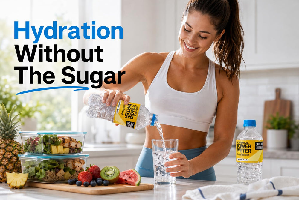 POWERADE pouring splash showing refreshing zero-sugar hydration benefit