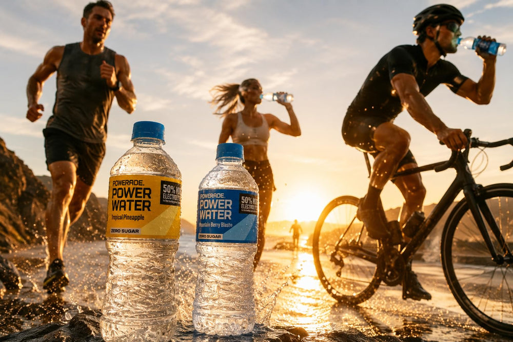 POWERADE next to standard water bottle for scale and portability benefit