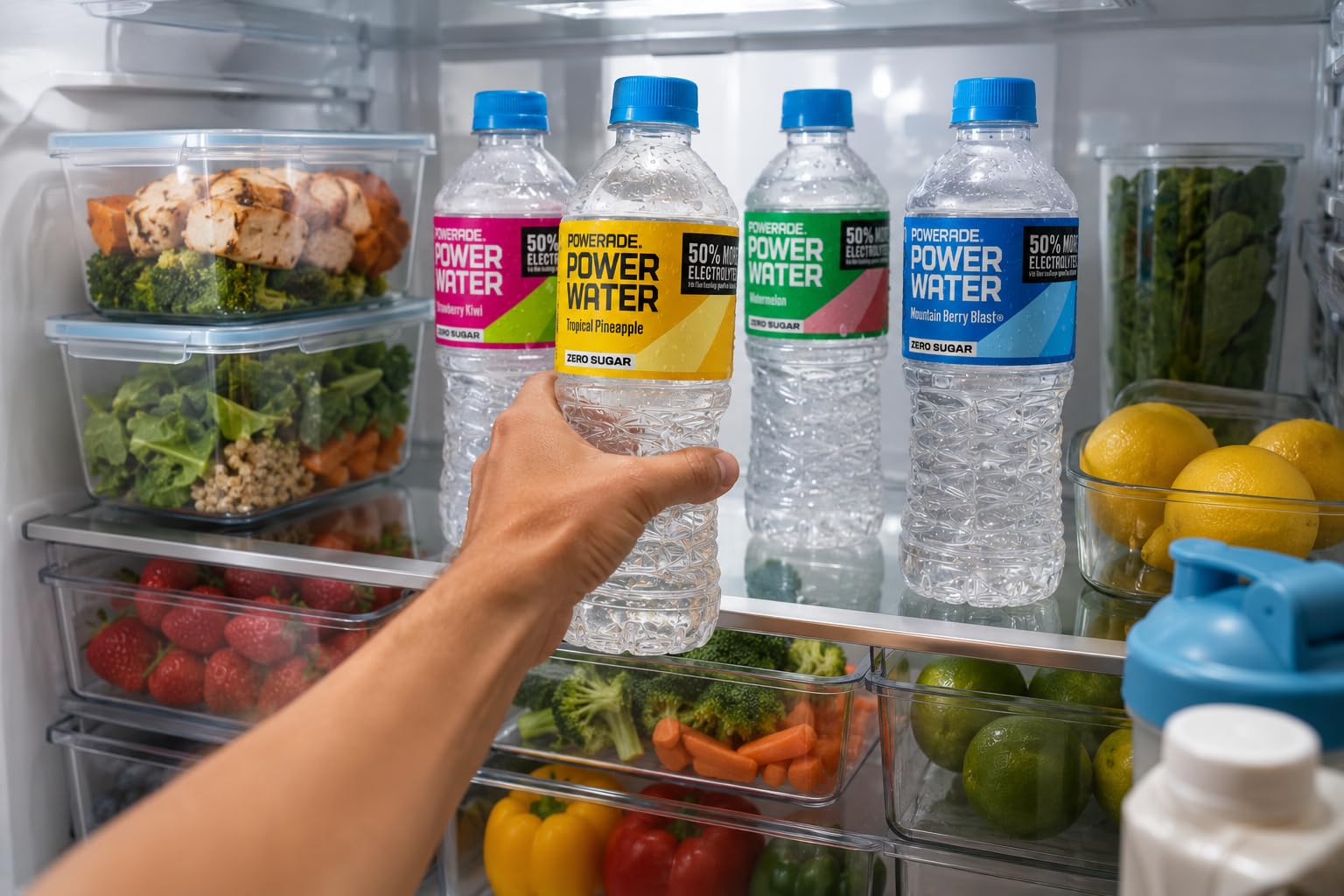 POWERADE bottles in a team cooler at a game for group hydration benefit