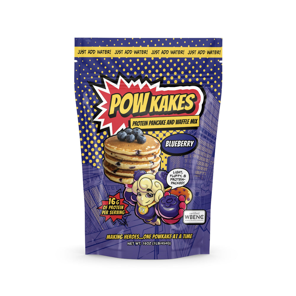 POWKAKES front packaging showing blueberry mix and quick prep benefit