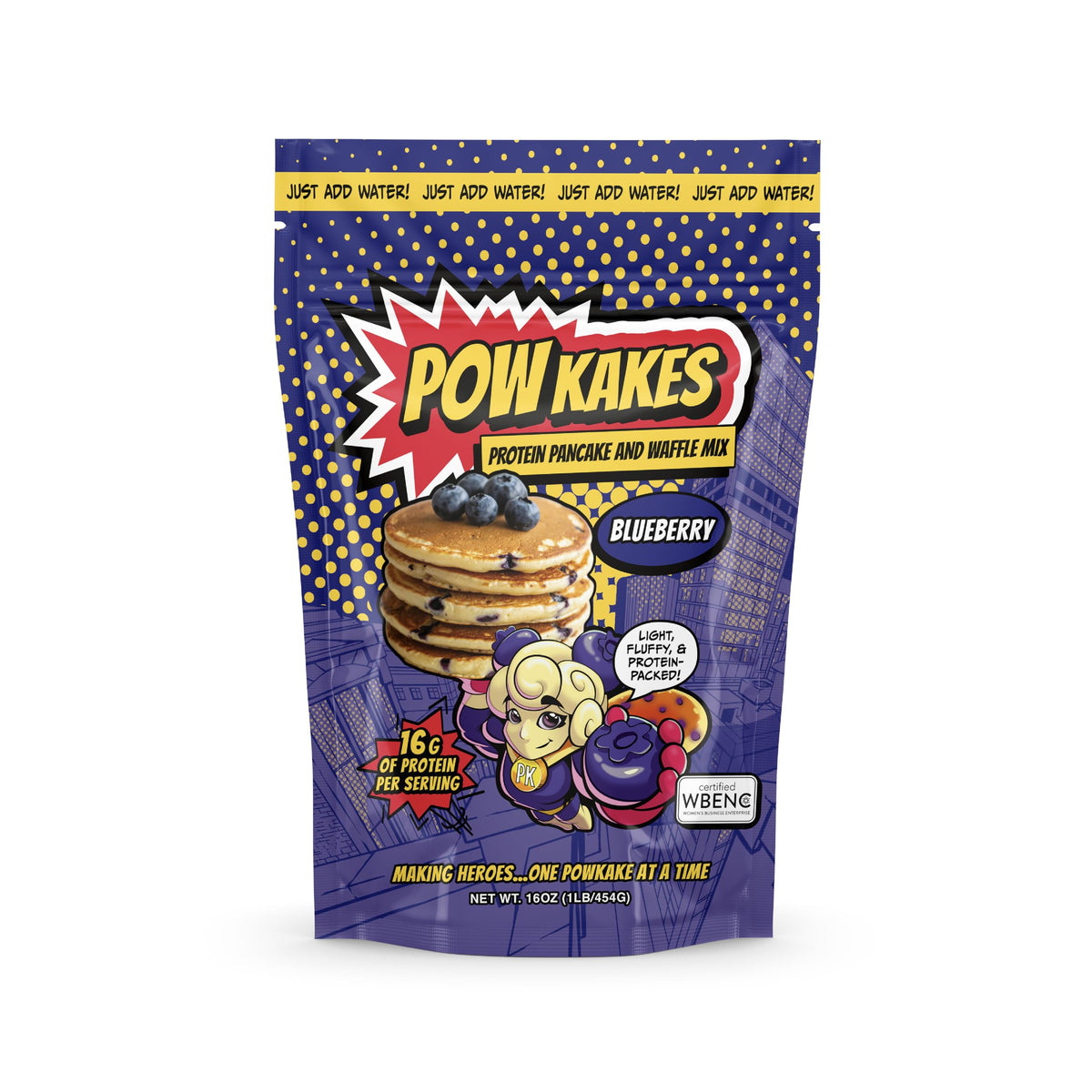 POWKAKES front packaging showing blueberry mix and quick prep benefit