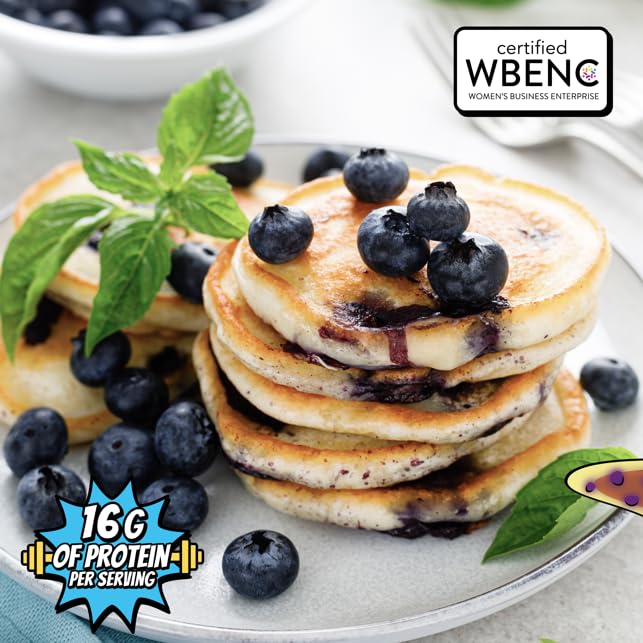 POWKAKES pancake stack served with blueberries showing kid-approved taste