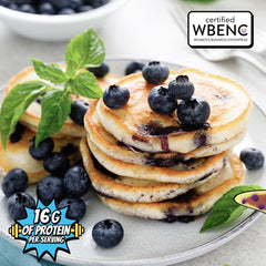 POWKAKES pancake stack served with blueberries showing kid-approved taste