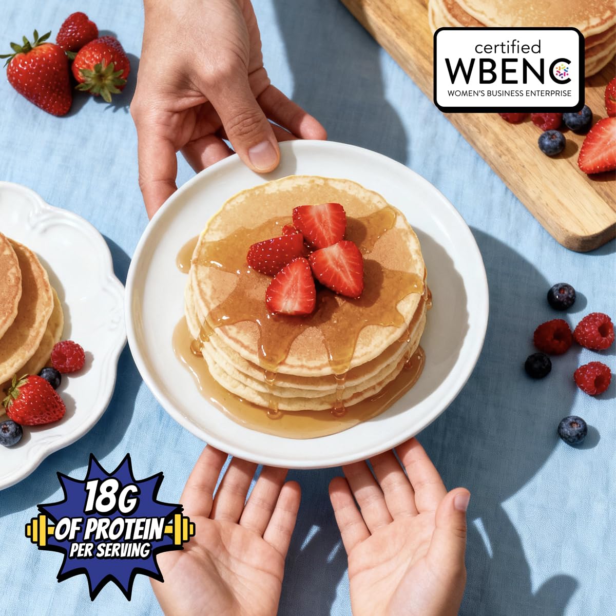 POWKAKES stack of fluffy pancakes plated illustrating protein-packed breakfast