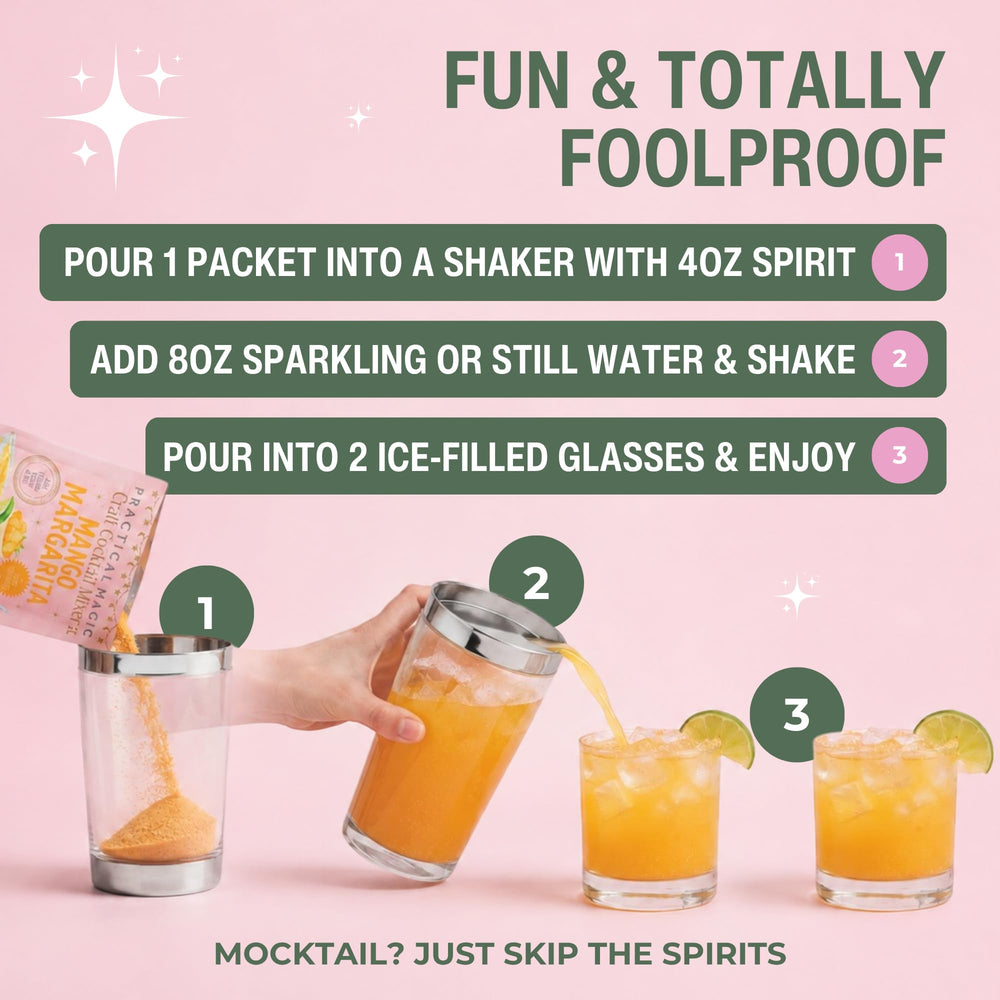 Practical Magic four packet layout showing flavors and portable convenience
