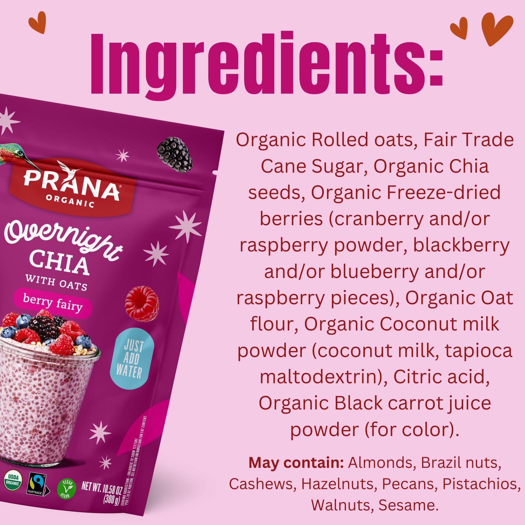 Prana close-up of oat and chia texture with berry powder for visual detail