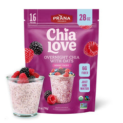 Prana Chialove front packaging shows product and benefits for quick breakfasts