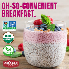 Prana close-up of oats and chia seeds highlighting whole-grain texture and fiber benefit