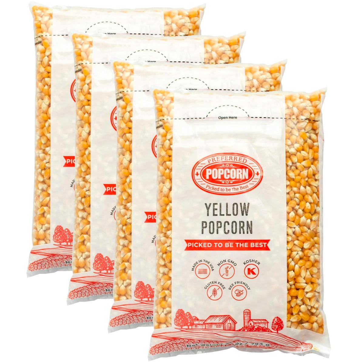 Preferred Popcorn front package showing 28 oz bag and pack benefits