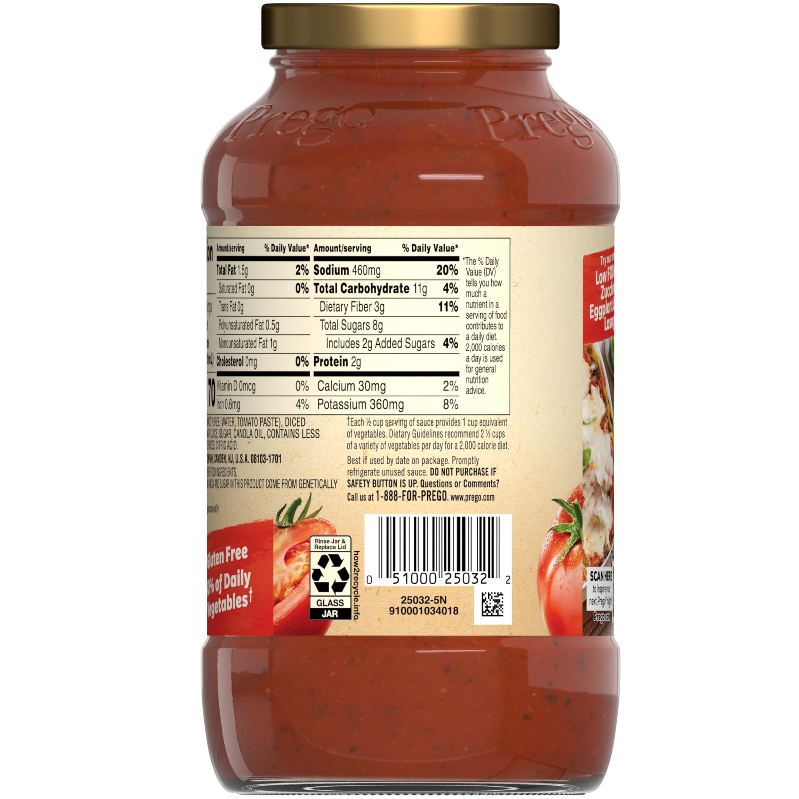 Prego label closeup showing gluten free and Low FODMAP benefit