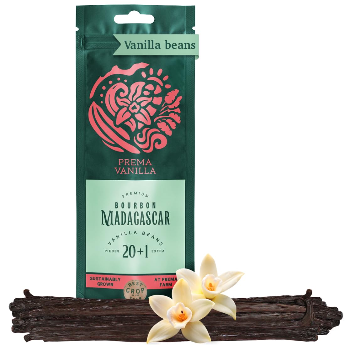 Prema Vanilla front packaging showing 21 moist Madagascar pods and seal for freshness