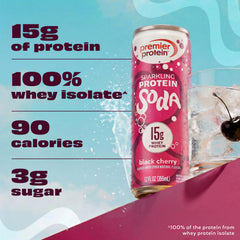 Premier Protein Black Cherry pouring into glass for crisp serving visual