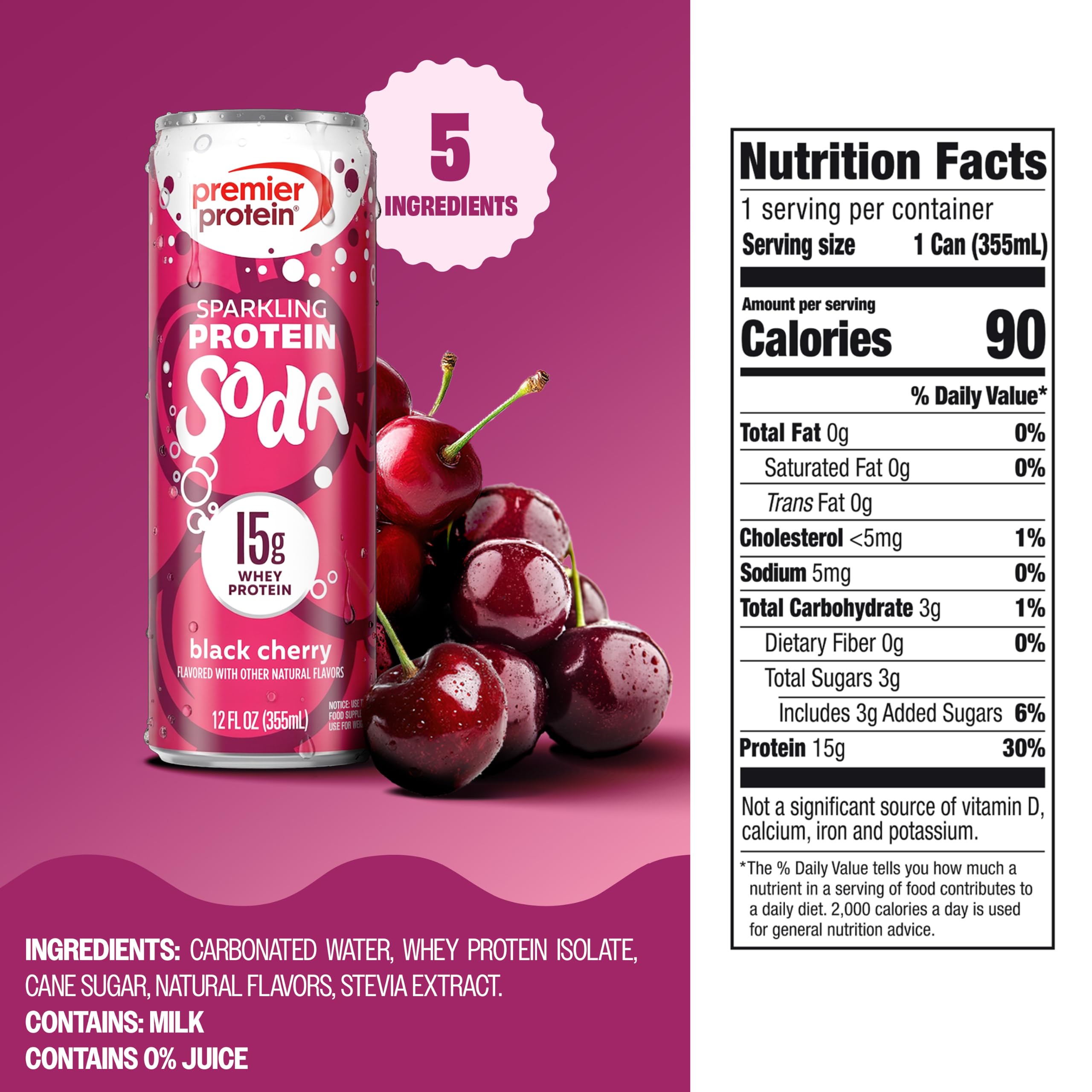 Premier Protein Black Cherry can beside fresh cherries to show flavor
