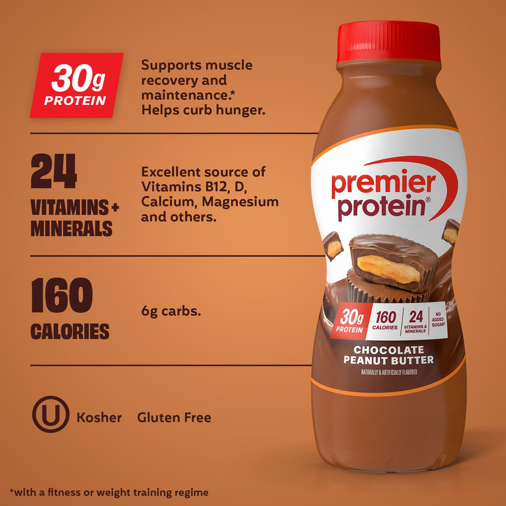 Premier Protein close-up label and nutrition facts highlighting 30g protein