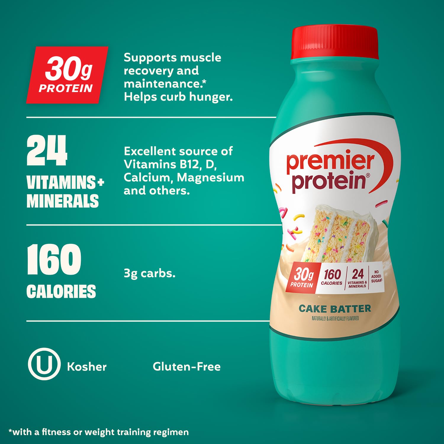 Premier Protein label close-up highlighting protein content and vitamins