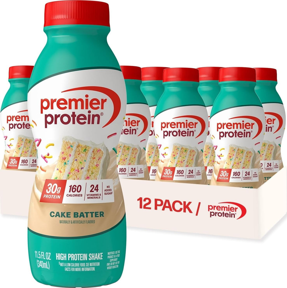 Premier Protein bottle front packaging showing cake batter flavor and nutrition
