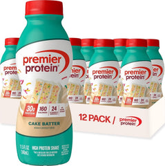 Premier Protein bottle front packaging showing cake batter flavor and nutrition
